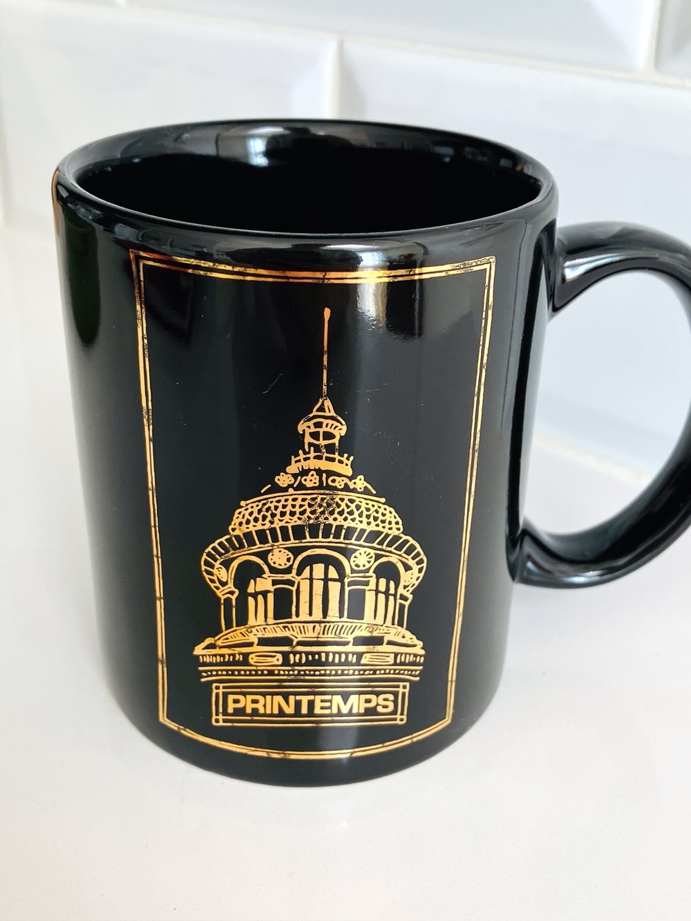 Vintage Printemps Paris coffee mug black & gold Haussmann store